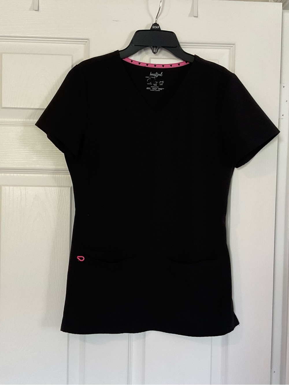 HeartSoul Black Short Sleeve V-Neck Top with Pink Trim